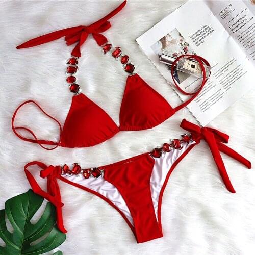 Sexy Rhinestone Bikini Women Diamond Bandage Push Up Bra Triangle Swimsuit Metal Chain Bathers Bathing Suit Swimwear Biquini