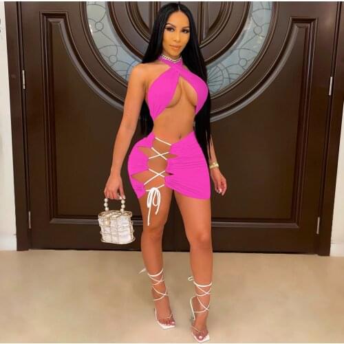 Sexy Beachwear 2 Two Piece Bikini Sets Summer Vacation Outfits Criss Cross Backless Crop Top Lace Up Hollow Mini Skirt Swimsuit