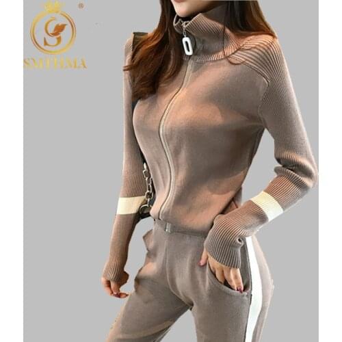 SMTHMA 2021 New Winte Long Sleeve Zipper Knit Cardigans + Pencil Pants Women Fashion Trendy Tracksuits Slim Jacket Trousers Sets