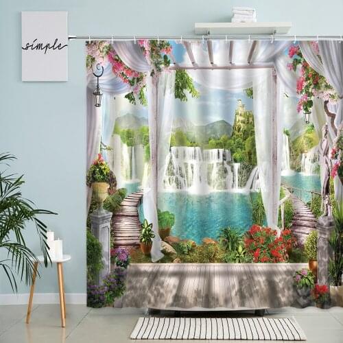 Natural Scenery Shower Curtain Ocean Greece Garden Flowers Green Plant Palm Tree Landscape Bathroom With Hooks Waterproof Screen