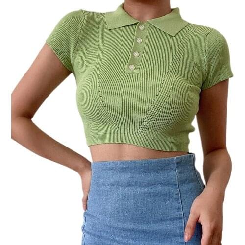 Summer Women Korean Style Solid Color Turn Down Collar Lapel Slim Sexy Exposed Navel Knitted Short Sleeve T-Shirt Tops