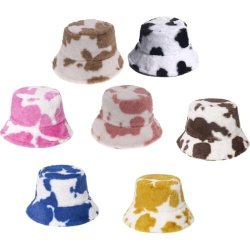Women Winter Warm Thicken Fluffy Plush Bucket Hat Milk Cow Printed Wide Brim Sunscreen Packable Panama Fisherman Cap