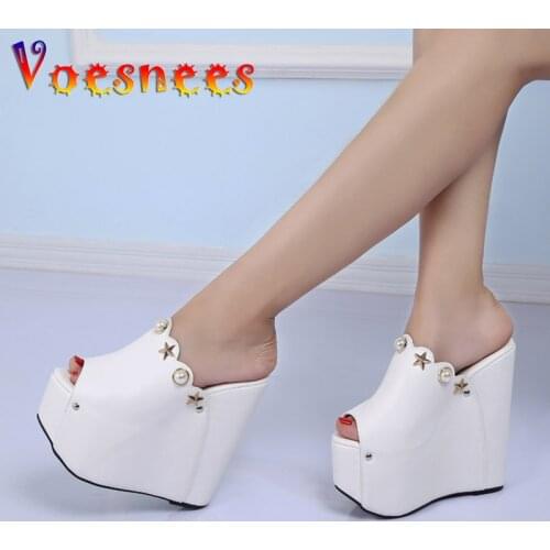 Voesnees 2021 New Summer Woman Shoes High Heel 16CM Wedges Pearl Slippers Chic Star Platform Sandals Open Toe White Footwear