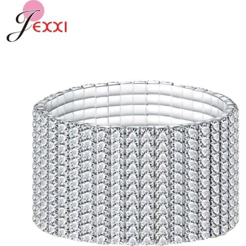 Dazzling Night Bar Bracelets for Female S925 Sterling Silver Elastic Adjustable Bands White Clear Cubic Zircon Full Rhinestone