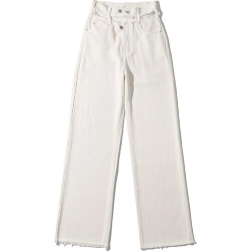 Summer new style street high waist solid color raw edge hollow jeans women, sexy thin wide-leg denim trousers women