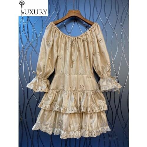 Autumn Novia Party 2020 Style Women Hollow Out Embroidery Flower Patterns Flare Sleeve Cascading Ruffle Sexy Club Ladies Dress