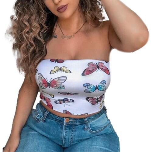 Hot Sexy Summer Crop tops Women Ladies Butterflies Cute Tube Tanks Fashion Off Shoulder Bandeau Stretch Vest Club Street Wear