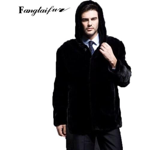 Fang Tai Fur 2019 Men Import Velvet Mink Fur Coat Pure Black With Fur Hood Mink Coat Mens Long Smart Causal Real Mink Fur Coats