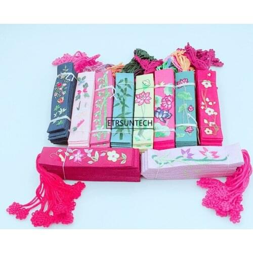200pcs Traditional Chinese Gift Style Flower Bamboo Embroidery Bookmark Fabric Cloth Chinese Knot Bookmarker Party Favor