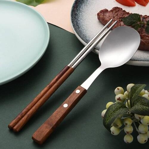 304 Stainless Steel Wooden Handle Dining Spoon Leaking Spoon Chopsticks Household Restaurant Tableware