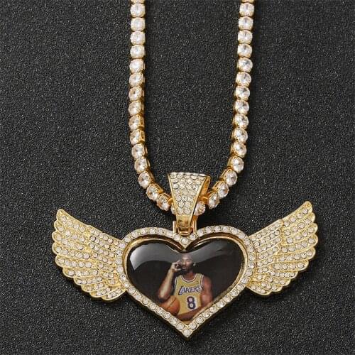 Hot Sale Heart Shaped Wings Custom Photo Medallions Necklace Pendant With Tennis Chain Mens Hip Hop Jewelry Cuban Chain