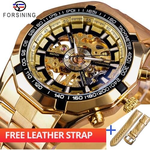 Forsining Watch +Band Set Combination Sport Racing Golden Wristwatches Royal Men Watches Creative Mechanical Skeleton Male Clock