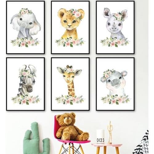 Floral Jungle Animals Canvas Prints Nursery Decor Elephant Giraffe Painting Wall Pictures Nordic Poster For Baby Girls Room
