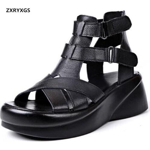 Hot Promotion 2021 New Summer Top Cowhide Open Toe Roman Sandals Platform Wedges Light Heighten Sandals Women Sandal Shoes Black