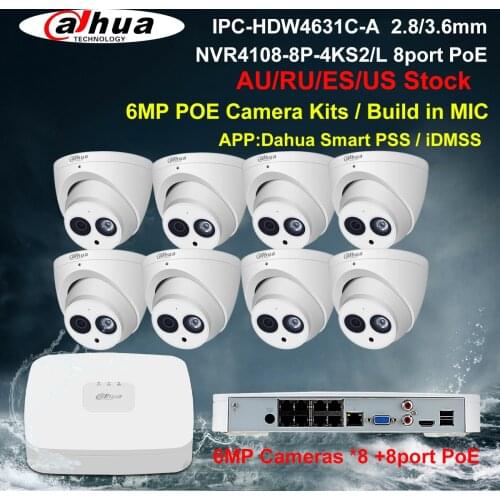 Dahua Security Camera System 6MP PoE CCTV Kit IPC-HDW4631C-A NVR4108-8P-4KS2 8CH NVR Recorder 4/8pcs IP Camera Build in Mic