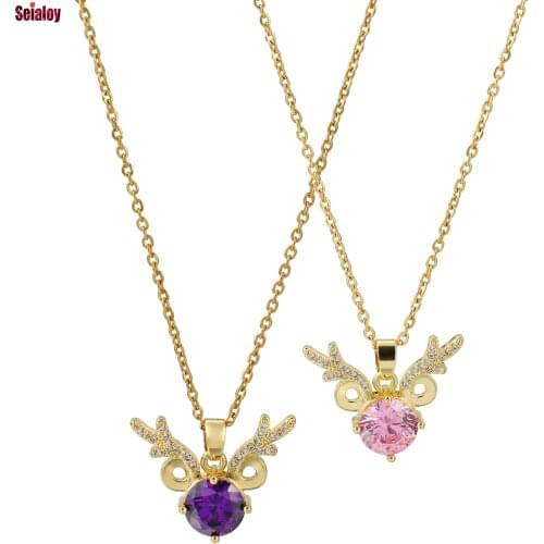 Fashion Golden Stainless Steel Chain Elk Pendant Necklace For Women Men Pink & Purple Crystal Reindeer Necklace Collar Jewelry