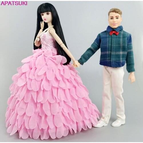 Fashion Doll Clothes Set Pink Wedding Dress For Barbie Doll Outfits Hat Blue Plaid Suit Clothes For Ken Boy Dolls Accessories