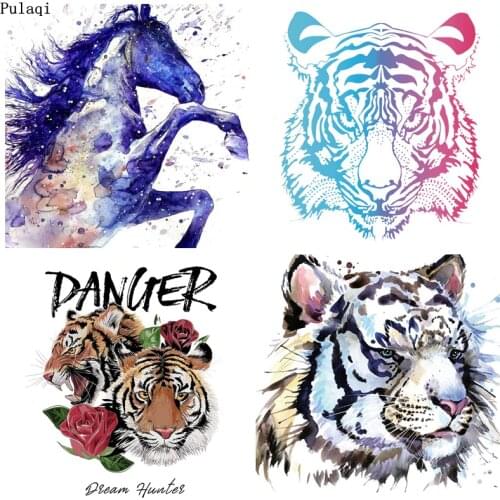 Pulaqi T-Shirt Patch Iron Transfer Vinyl Heat Tiger Iron on Transfer for Clothes Ironing Sticker Thermal Animal Applique Badges