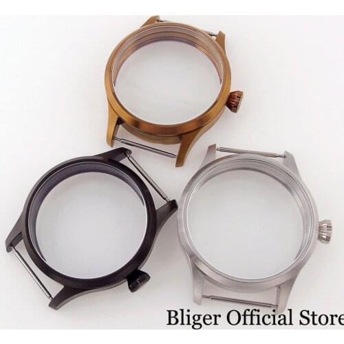 Nologo fit ETA 6497 6498 ST3600 3602 Bronzed/PVD Black 42mm Manual Watch Case See-through Back Mineral Glass