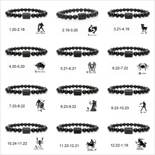 New Charm 12 constellation Bracelet For Men Black Stone Beads Double-Sided Symbol Pattern Zodiac Sign Aries Leo Bracelet Jewelry