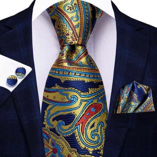 Hi-Tie Yellow Blue Red Paisley Silk Wedding Tie For Men Handky Cufflink Set Fashion Designer Gift Necktie For Men Business Party