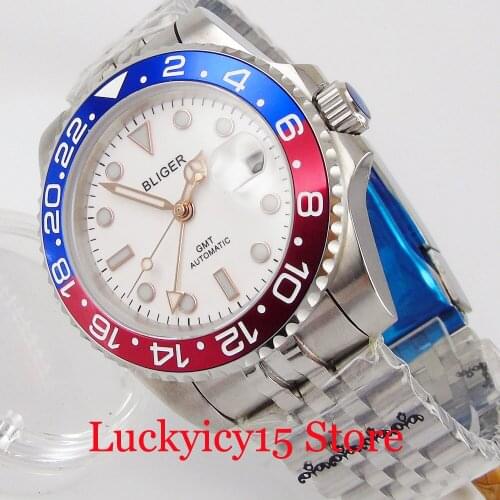 BLIGER Luxury White Sapphire Crystal Business Automatic Men Wristwatch GMT Hand Rotating Bezel Jubilee Bracelet