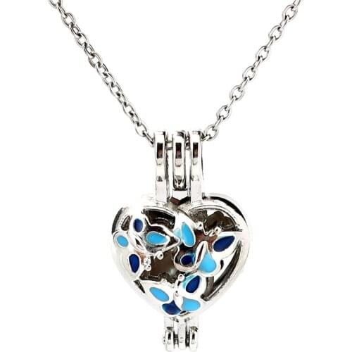 K994 Silver Enamel Heart Butterfly Beads Pearl Cage Pendant Chain Aroma Essential Oil Diffuser Locket Necklace