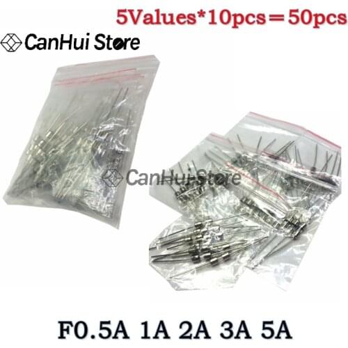 50PCS/LOT 5Values Fast Quick Blow Glass Tube Fuses With Pin Assortment Kit 3x10mm 0.5A 1A 2A 3A 5A/250V Glass fuse with pin