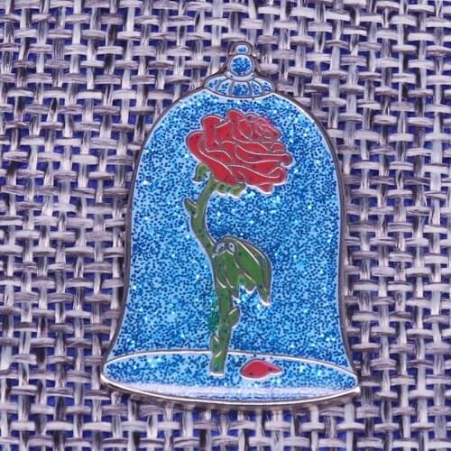 Glass rose badges blue glitter pins disenchanted roses flower brooch surreal art jewelry wonderful surprise Valentine gift