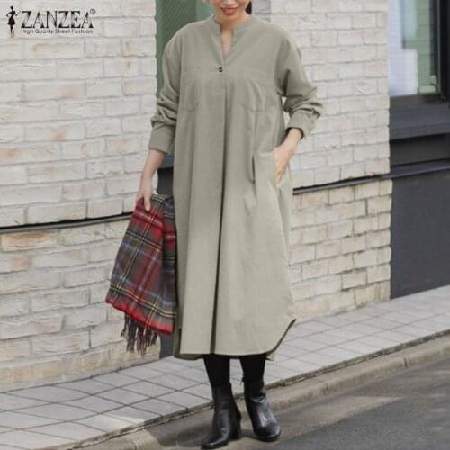 ZANZEA 2021 Spring V Neck Long Sleeve Midi Sundress Elegant Womens Solid Corduroy Shirt Dress Vintage Vestidos Robe