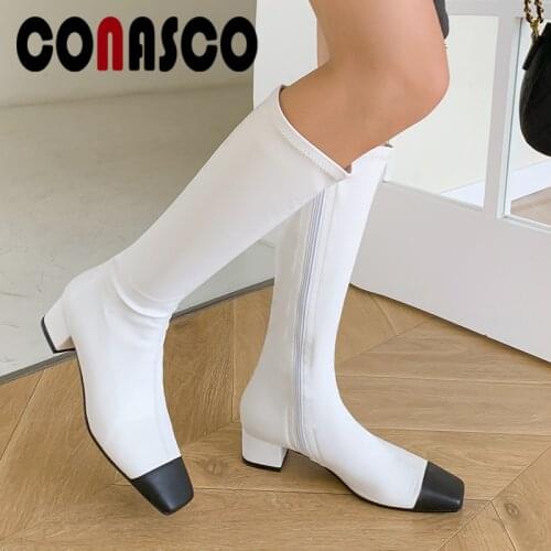 CONASCO Elegant Women Knee High Boots Autumn Winter Warm Cow Leather Basic Prom Night Club Shoes Mixed Colors Boots Woman