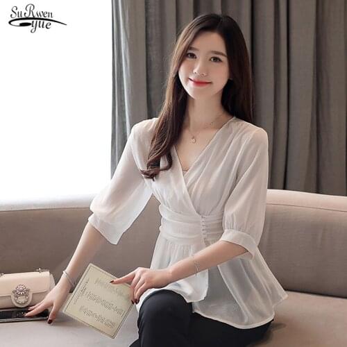 Summer V-neck Women Tops and Blouse Plus Size Cardigan Women Shirts Lady Short Sleeve Long Chiffon Women Blouse blusas 9207