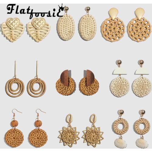 Flatfoosie New Boho Handmade Rattan Drop Earrings Wooden Straw Weave Shell Vine Braid Geometric Round Earrings For Women Jewelry