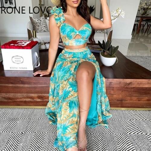 Women All Over Print One Shoulder High silt Hollow-out Sexy Vacation skirt Set