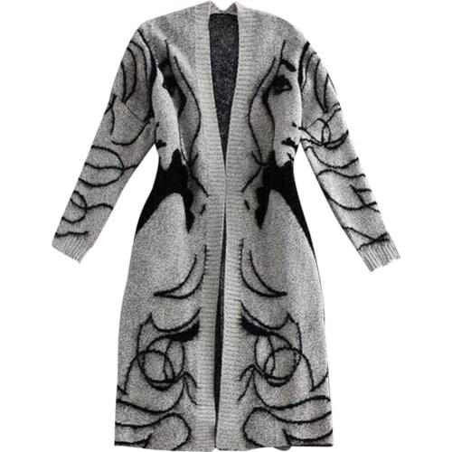 Women Sweater Midi Coat Head Embroidery Autumn Winter Loose Long Sleeve Ladies Cotton Knitted Cardigan Coat