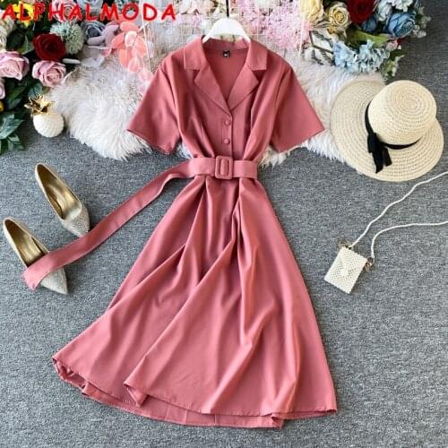 ALPHALMODA 2020 New Women Chiffon Dress Turn-down Collar Single Breasted Short-sleeved Graceful Sashes Dress Mid-calf Dress