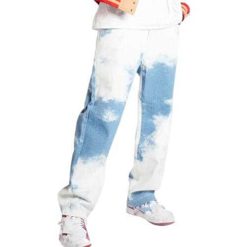 2020 Mens Fashion Baggy Blue Tie Dye Print Jeans Hip Hop Street Casual Straight Pants Harajuku Vintage Denim Trousers