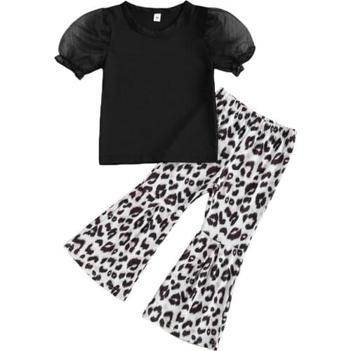 2021 2-7Y Fashion Kids Baby Girl Clothing Lace Puff Short Sleeve Blouset Top+Leopard Print Flare Pants Summer Outfits Set 2pcs