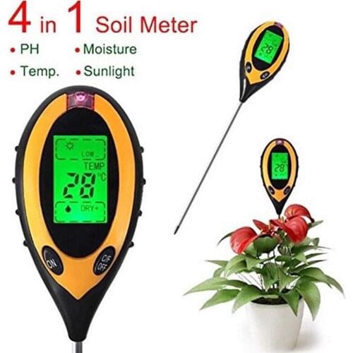 4 In 1 Digital PH Meter Soil Moisture Monitor Temperature Sunlight Tester For Gardening Plants Farming With Blacklight