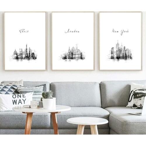 Watercolor Art Prints London New York Paris Black White City Monochrome City Icon Silhouette Cityscape Skyline Modern Wall Decor