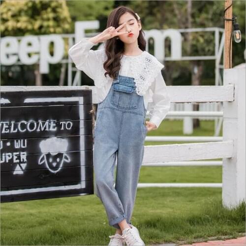 Girls Jeans Spring New Teenage Girl Pocket Denim Jumpsuits Big Girl Loose Long Pants Kids Trousers Clothing For 4-14Year