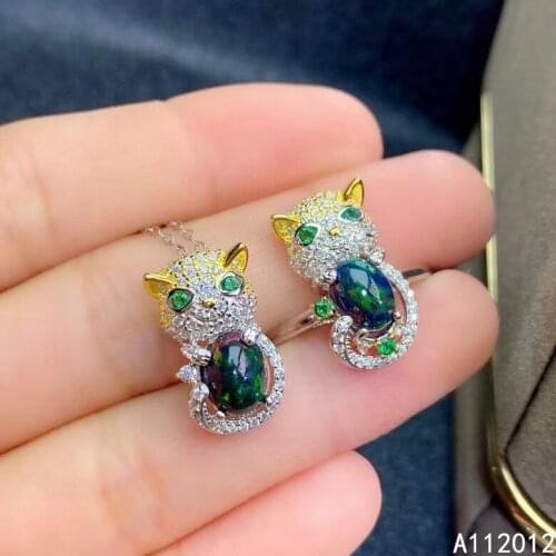 KJJEAXCMY fine jewelry natural black opal 925 sterling silver popular cat girl new pendant necklace chain ring suit support test