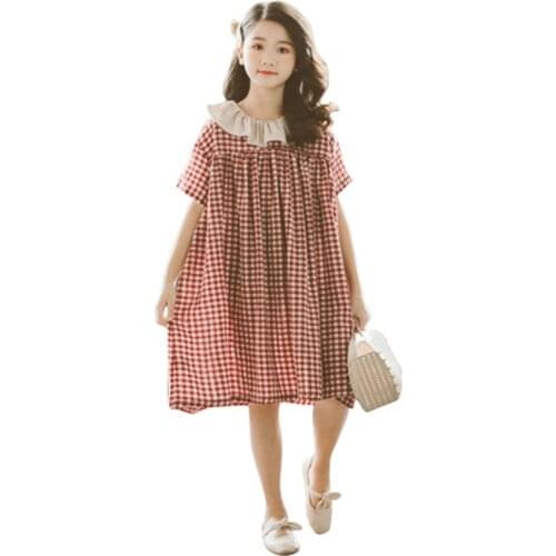 2021 Summer Girls Plaid Loose Dress New Spring Kids Preppy Style Knee Length Peter Pan Collar Dress 5 6 8 10 11 12 14 Years Old