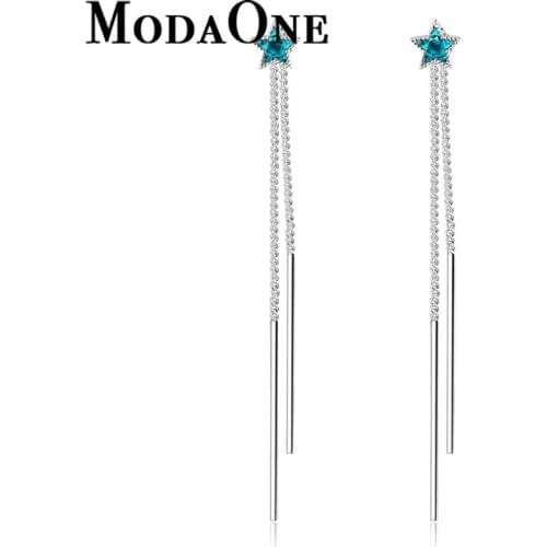 Small Cute Blue Star Crystal Long Tassel Womens Stud Earrings 925 Sterling Silver Fashion Female Korean Jewelry For Women