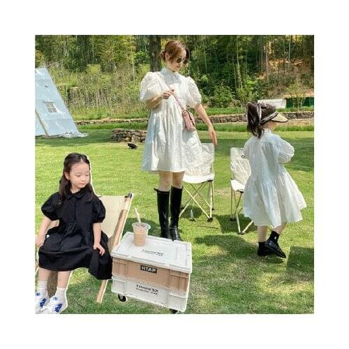 Mother and Daughter Dresses 2021 Summer New Baby Girl Puff Sleeve Lapel Sweet Dress Family Look Kids Dresses for Girls 2-7 Years