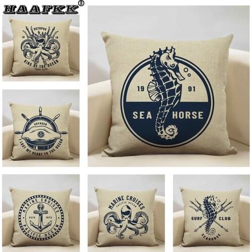 Ocean Animal Pattern Cushion Cover Living Room Sofa Sailor Decorative Pillow 45x45cm Blue Linen Pillow Suitable for Car Cafe Bar