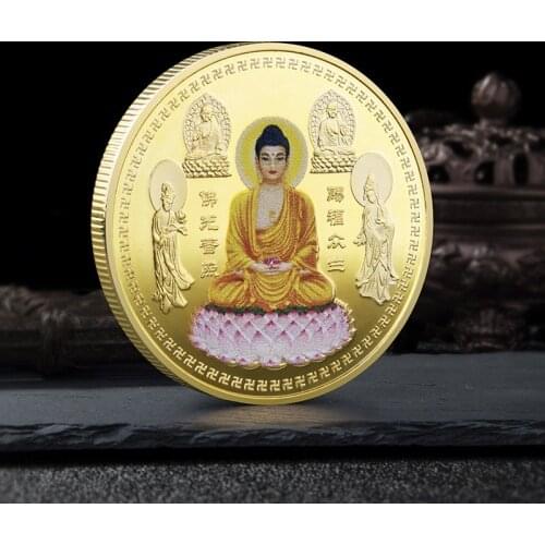 Chinese Style Shakyamuni Buddha Statue Teaches the Buddha Commemorative Coin Gold Silver Coin Embossed Metal Craft Badge Gift