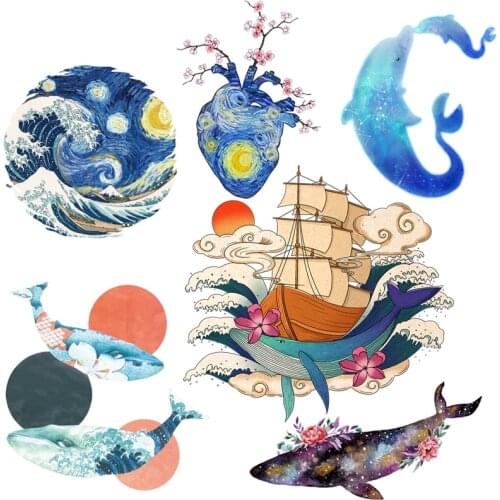 Floating Life Thermo Stickers Art Paint Patches Iron On Transfer Van Gogh Applique T-shirt Women Summer Decro Flowers Patches