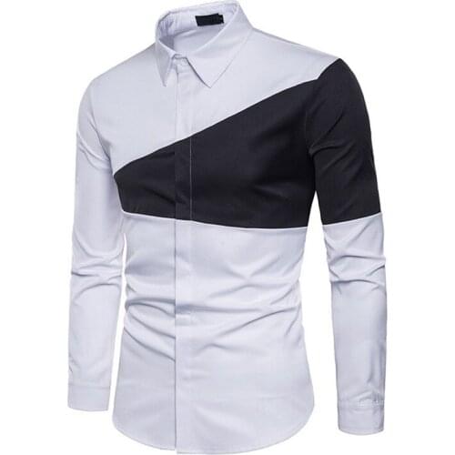 Casual Mens Shirt Two-color Triangle Stitch Geometry Fashion Match Lapel Long-sleeved Top Slim Patchwork Color Block Shirts