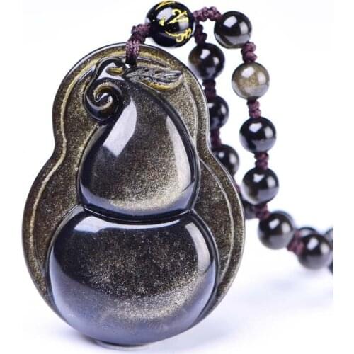 Drop Ship Obsidian Gourd Necklace Pendant Jade Pendant With Gold Beads Chain Lucky Amulet Pendant Lovers Jewelry